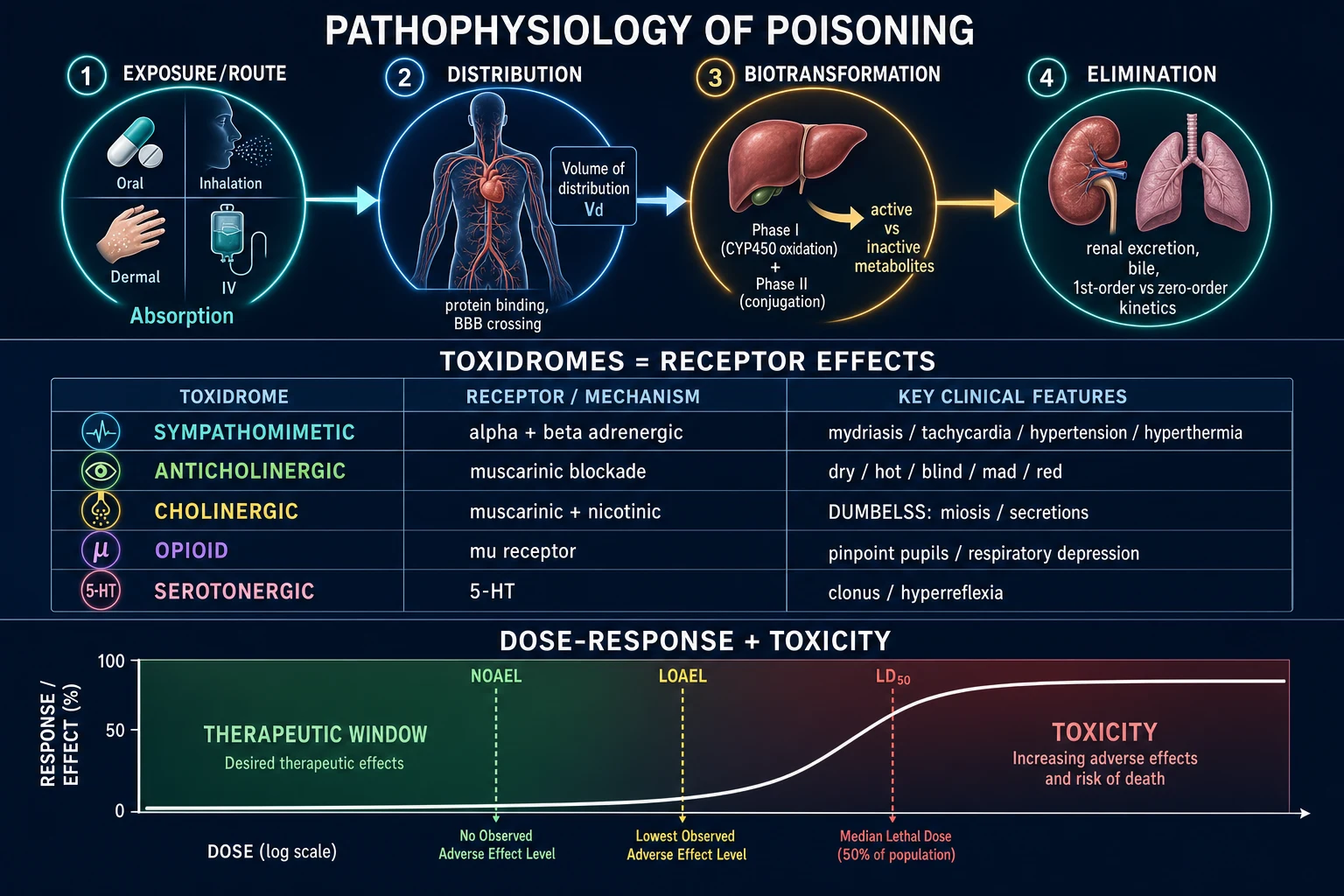 Clean medical education infographic showing the toxicokinetic journey (absorption, distribution, biotransformation, elimination), the receptor basis of the toxidromes, and the dose-response curve with NOAEL, LOAEL and LD50