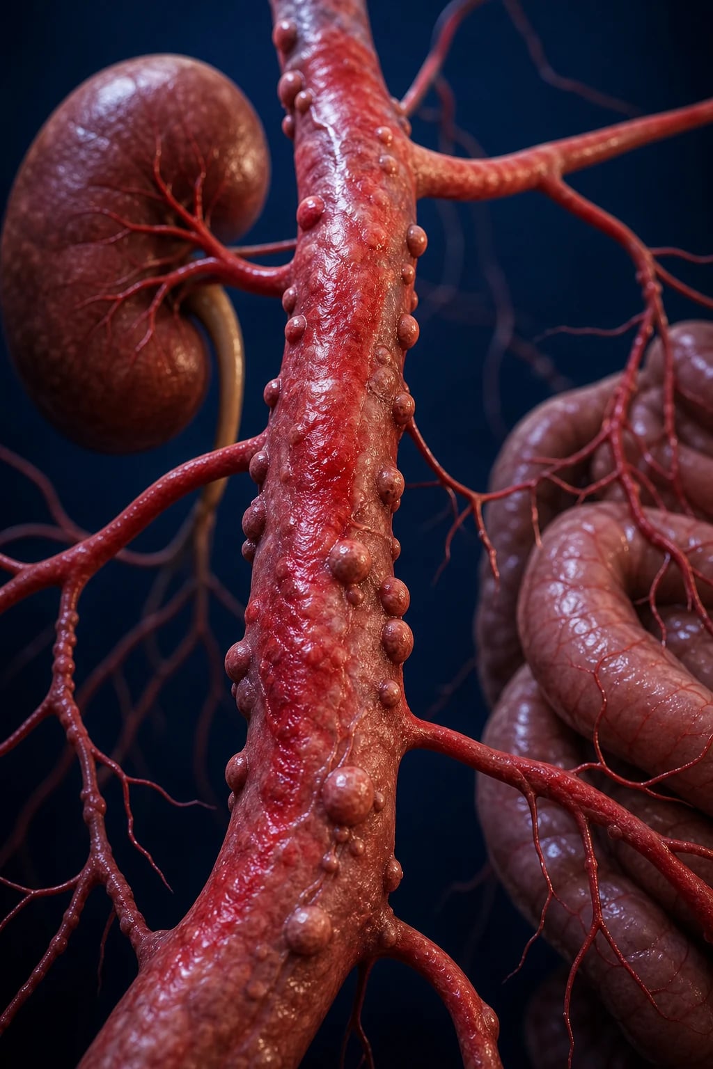 Cinematic 3D close-up of a medium muscular artery with patchy nodular swellings (microaneurysms) along its length, narrowed inflamed segments, and a network of affected vessels branching to kidney and gut, against a deep navy background