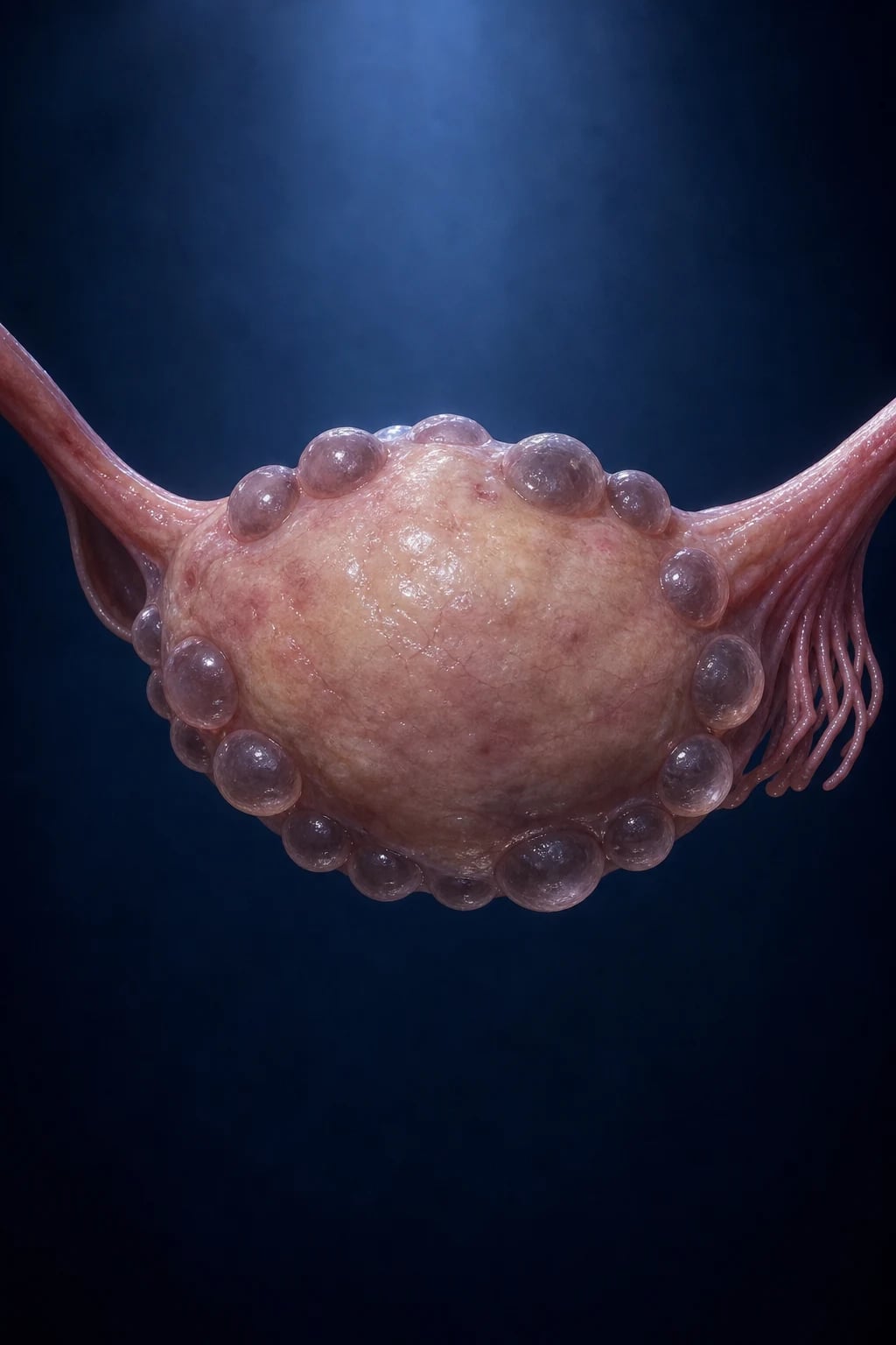 Cinematic 3D anatomical illustration of an ovary with multiple peripheral cysts in a pearl-string pattern, against a deep navy background