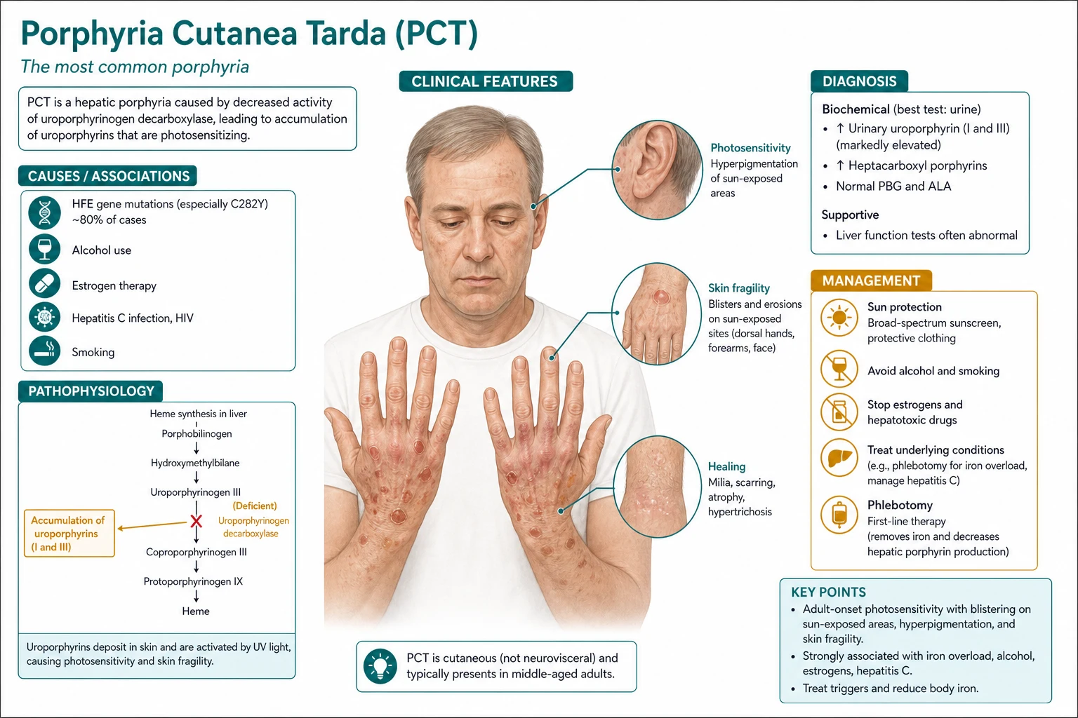 Clinical features of PCT including blisters, milia, hyperpigmentation, hypertrichosis