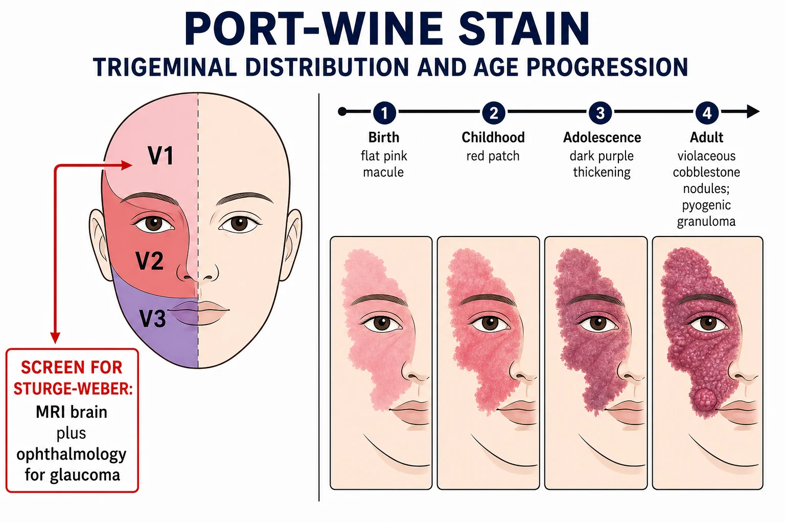 Trigeminal distribution diagram: V1 (forehead/upper eyelid) pink, V2 (cheek/upper lip) red, V3 (lower lip/jaw) purple on a schematic face; warning that V1 mandates Sturge-Weber screening. Age progression timeline: birth (flat pink macule) through adulthood (violaceous cobblestone thickening with pyogenic granulomas)
