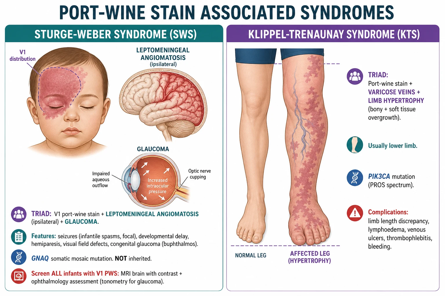 Syndromes: Sturge-Weber (V1 PWS + leptomeningeal angiomatosis + glaucoma + seizures) vs Klippel-Trenaunay (PWS + varicose veins + limb hypertrophy)