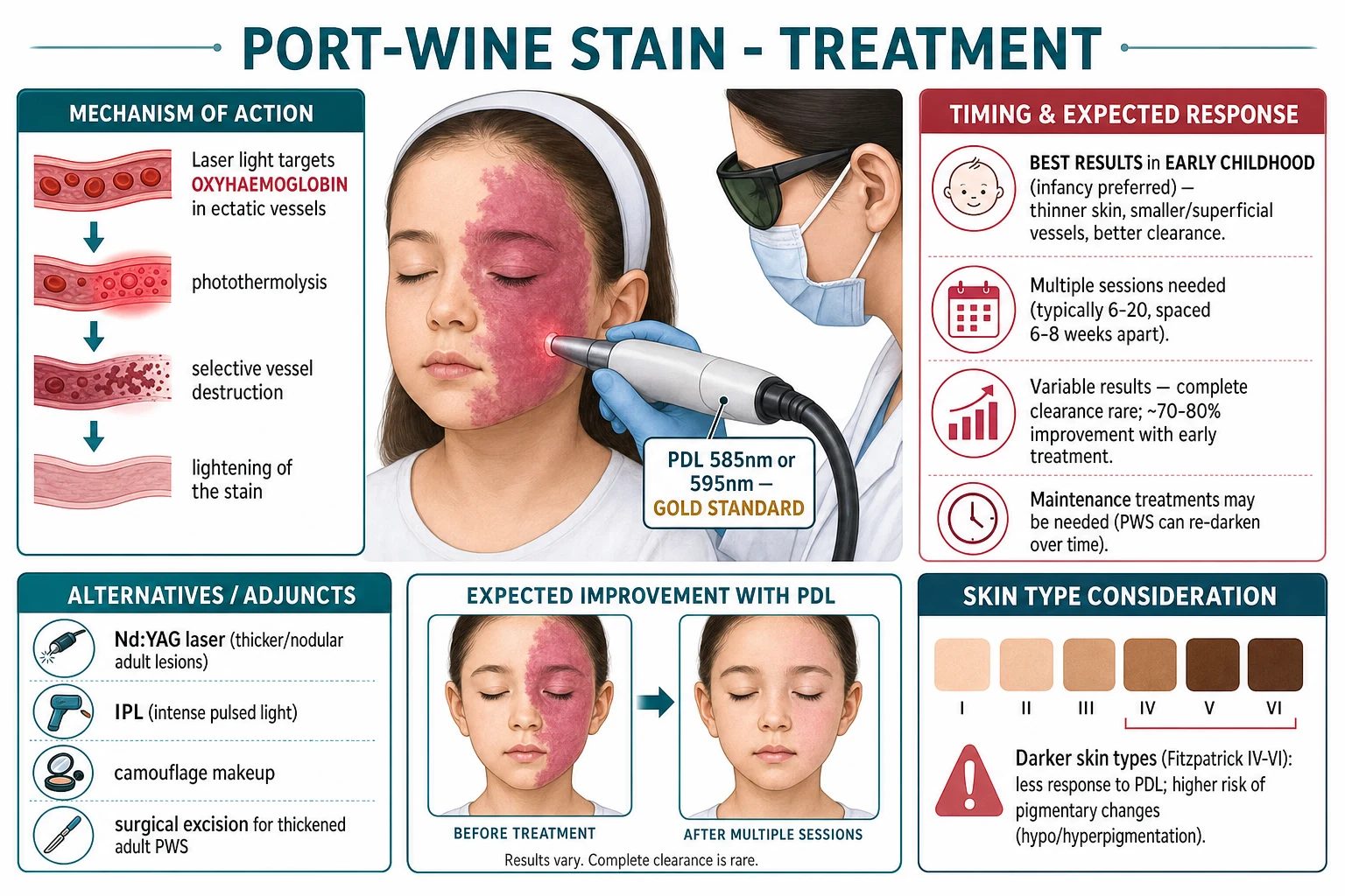 Treatment algorithm: pulsed dye laser 585/595 nm gold standard (selective photothermolysis of oxyhaemoglobin); early infancy start; 6-12 sessions at 6-8 week intervals; alternatives Nd:YAG, IPL, PDT; camouflage; surgery for resistant thickened adult PWS