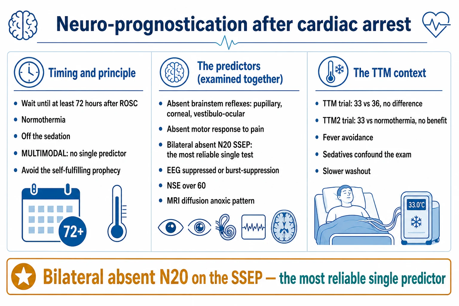 Infographic of post-cardiac-arrest syndrome pillars: brain injury, myocardial dysfunction, systemic ischaemia-reperfusion response, and persistent precipitating pathology, with fever prevention and multimodal prognostication callouts