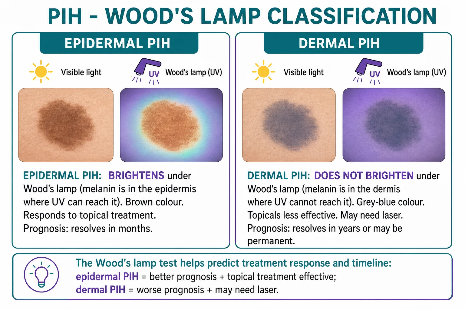 Wood's lamp classification: epidermal PIH brightens under Wood's lamp because ultraviolet light reaches the melanin in the basal keratinocytes; dermal PIH does not change because the melanin is too deep in melanophages