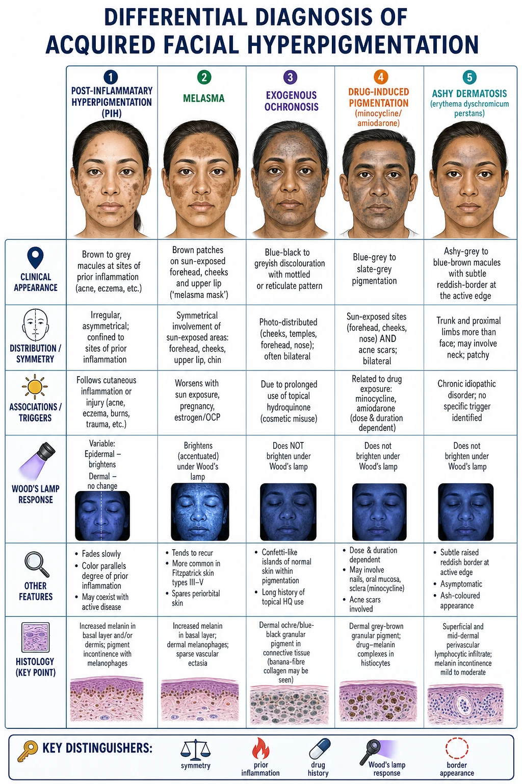 Five-panel differential diagnosis chart: PIH at sites of inflammation, melasma symmetrical on sun-exposed face, exogenous ochronosis blue-black with confetti from hydroquinone, minocycline drug pigmentation blue-grey on mucosa and acne scars, ashy dermatosis grey-brown macules with red border on trunk