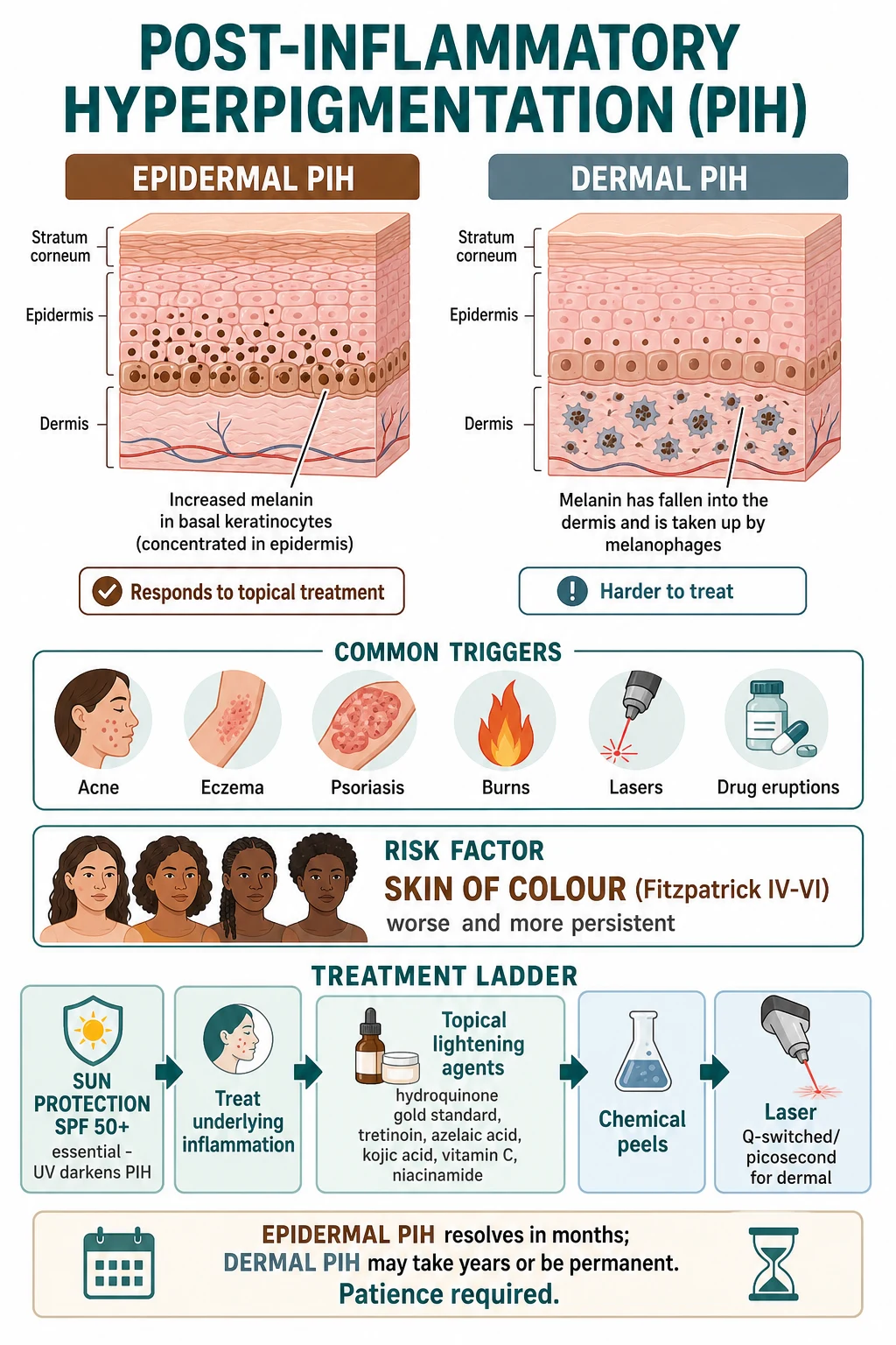 PIH overview: epidermal (brown, topicals work, months) versus dermal (grey-blue, harder, years); triggers acne, eczema, burns, lasers; worse in skin of colour; hydroquinone gold standard; sun protection essential