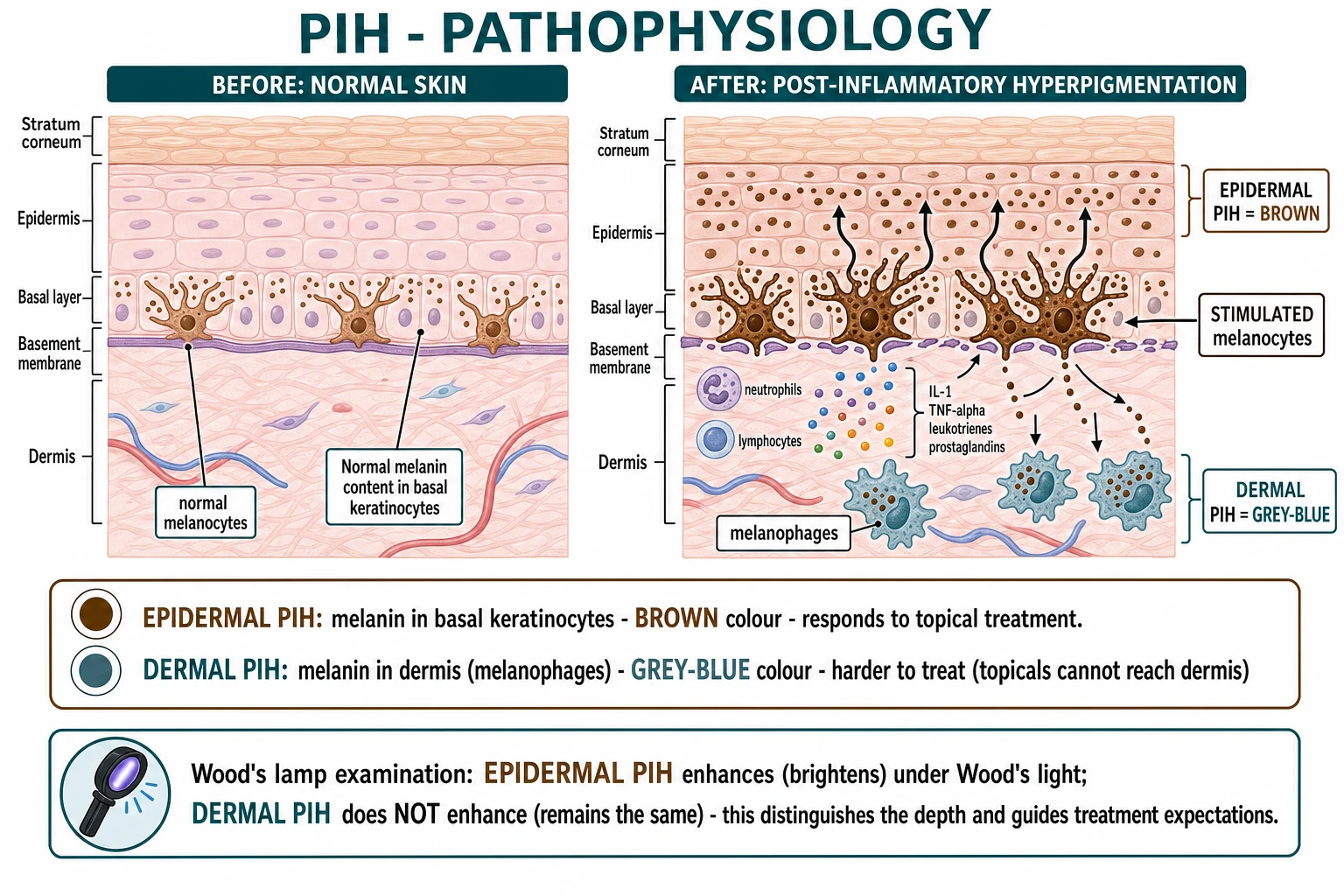 Normal skin versus post-inflammatory skin: inflammatory mediators (IL-1, TNF-alpha, leukotrienes, prostaglandins, endothelin-1, SCF) stimulate melanocytes to overproduce melanin; in epidermal PIH the melanin is transferred to keratinocytes (brown), in dermal PIH the melanin falls through a damaged basement membrane into melanophages in the dermis (grey-blue)