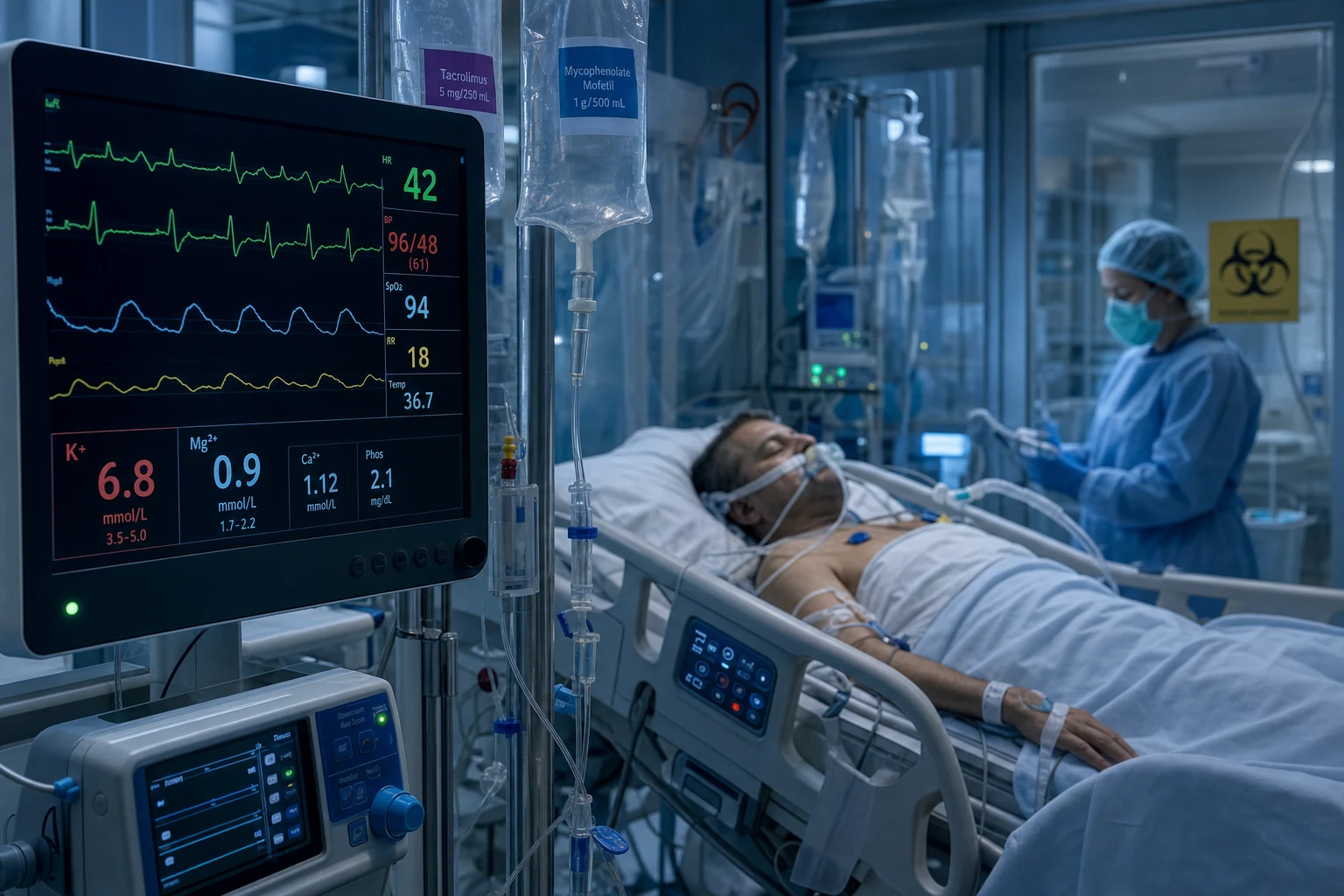 Cinematic ICU scene of a post-transplant patient with immunosuppression complications, a cardiac monitor showing electrolyte abnormalities, clinical-blue lighting