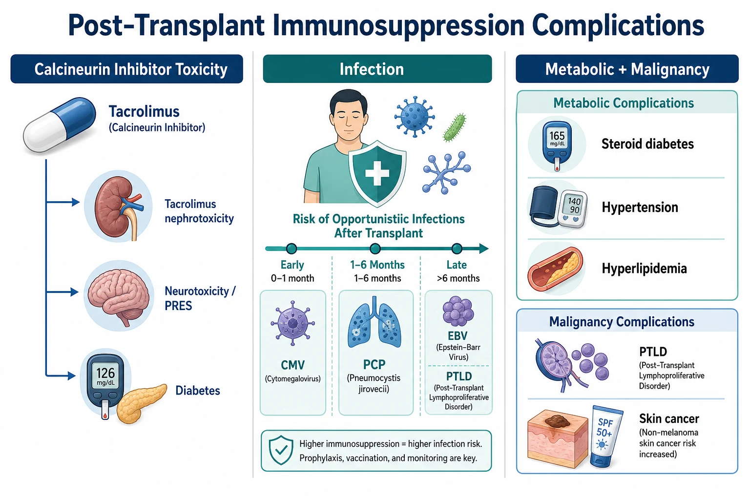 Three-panel infographic: LEFT calcineurin toxicity (tacrolimus nephrotoxicity/neurotoxicity PRES/diabetes; ciclosporin nephrotoxicity/hypertension/gingival); CENTRE infection (CMV, PCP, EBV/PTLD); RIGHT metabolic + malignancy (steroid diabetes/hypertension/hyperlipidemia; PTLD EBV; skin SCC). Banner 'Balance immunosuppression: reduce toxicity without triggering rejection'. Flat vector.