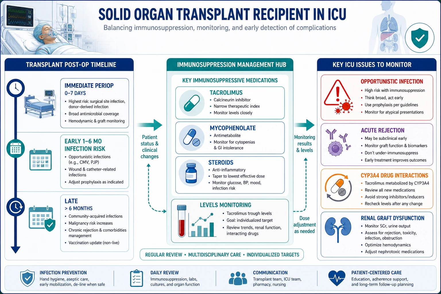Management of post-transplant immunosuppression toxicity and infection: hold or switch calcineurin inhibitor, treat PRES and seizures, CMV and PCP prophylaxis, coordinate with transplant team
