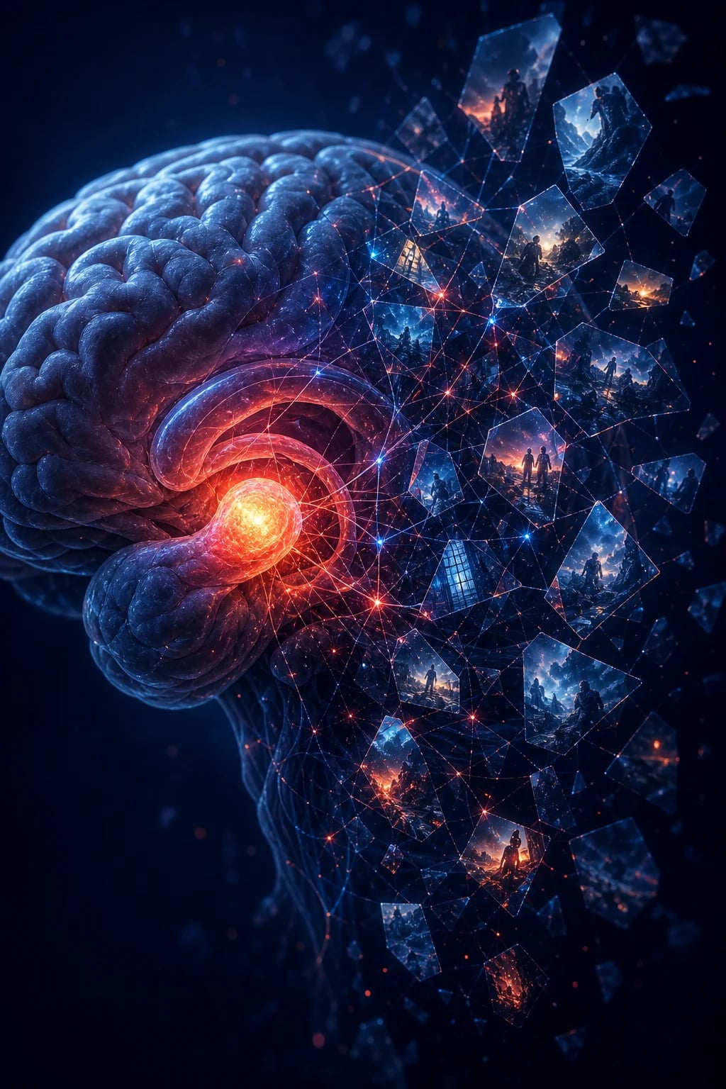 Cinematic 3D abstract close-up of a brain with a bright overactive amygdala and a fragmented memory network replaying traumatic imagery, against a deep navy background