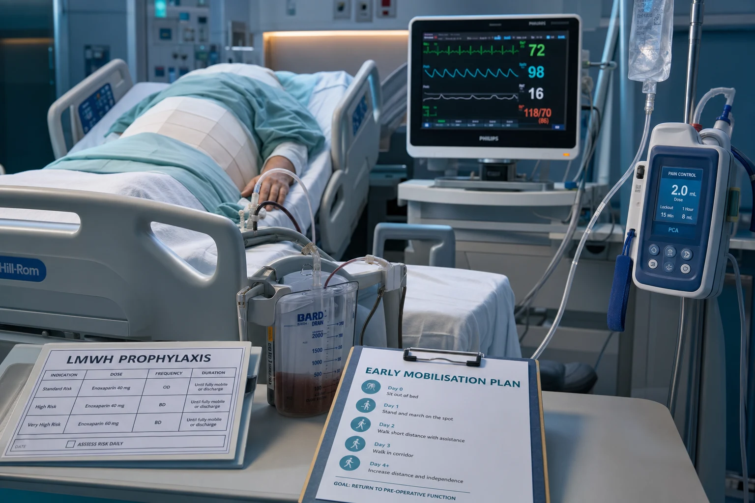 Cinematic ICU scene of a postoperative patient with surgical drains and a wound, tachycardia and a low urine output on the monitor, clinical-blue lighting, medical educational, no faces, no text