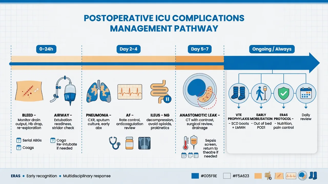 Postoperative ICU complications management timeline: 0-24 hours bleed and airway, day 2-4 pneumonia AF ileus, day 5-7 anastomotic leak, ERAS early mobilisation and VTE prophylaxis throughout