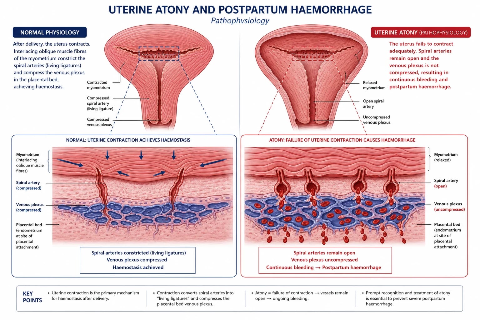 Pathophysiology of postpartum haemorrhage: uterine atony, trauma, retained tissue, thrombin disorders