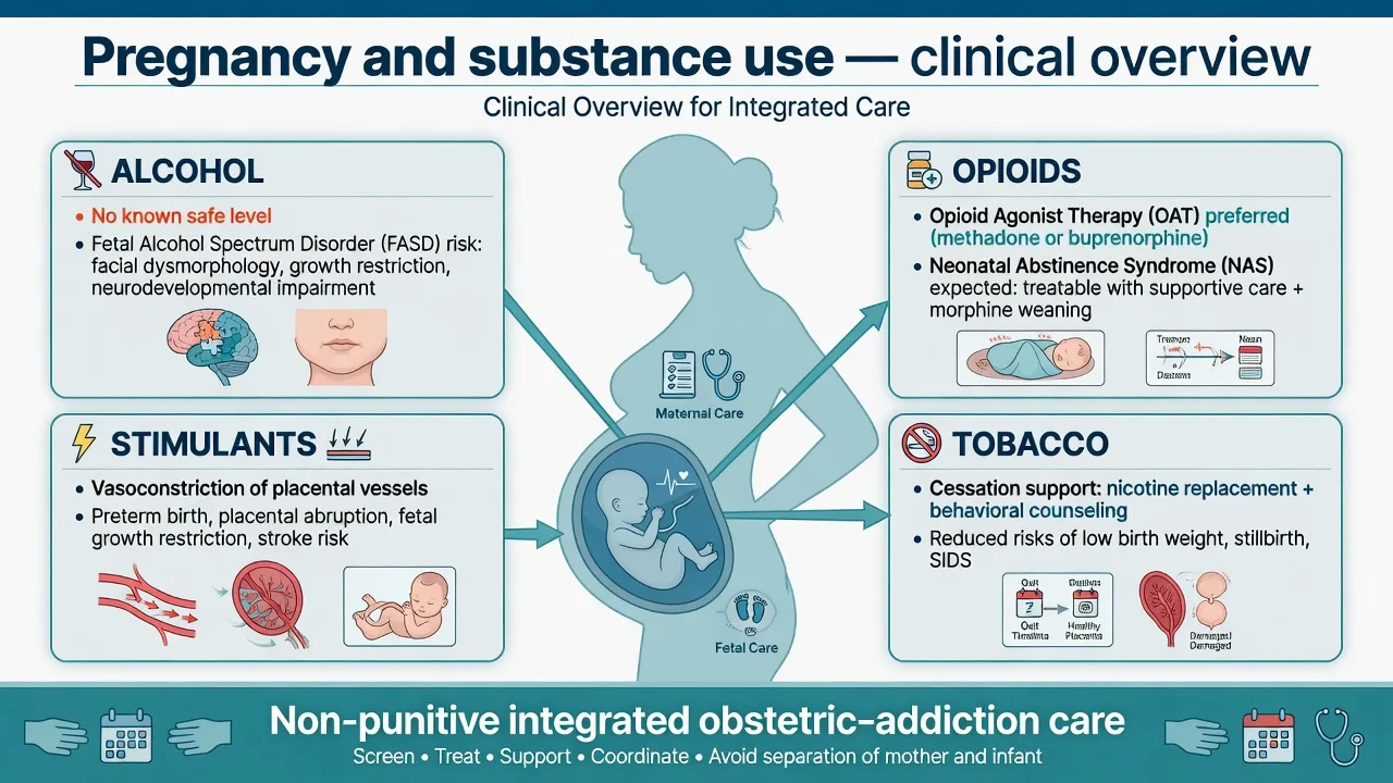 Clinical overview of pregnancy and substance use with dual mother-fetus care and substance panels