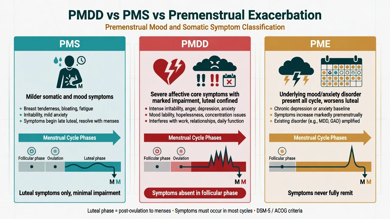 Three-panel comparison of PMS, PMDD and premenstrual exacerbation across the menstrual cycle