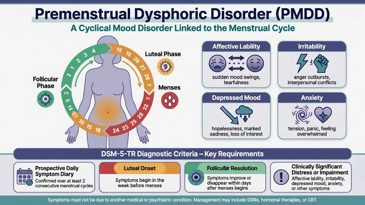 PMDD overview with menstrual cycle ring and core affective symptoms