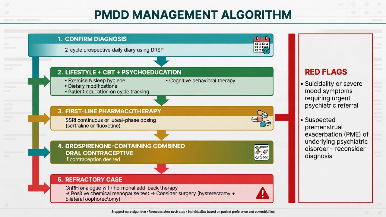 Stepped PMDD algorithm from diary confirmation through SSRI, COC, CBT and refractory GnRH pathways