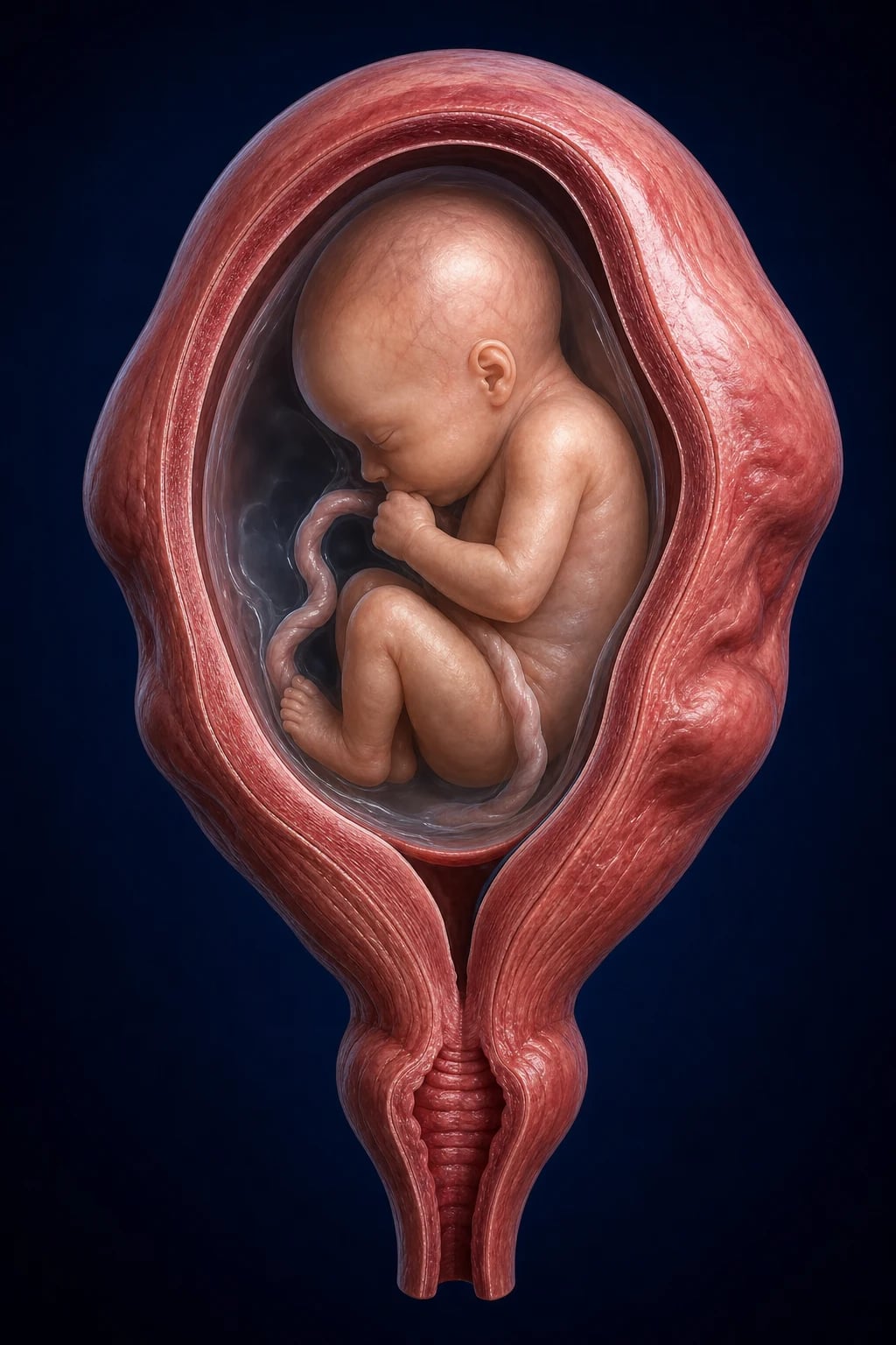 Cinematic 3D anatomical illustration of a gravid uterus with a shortened cervix and contracting muscular wall against a deep navy background