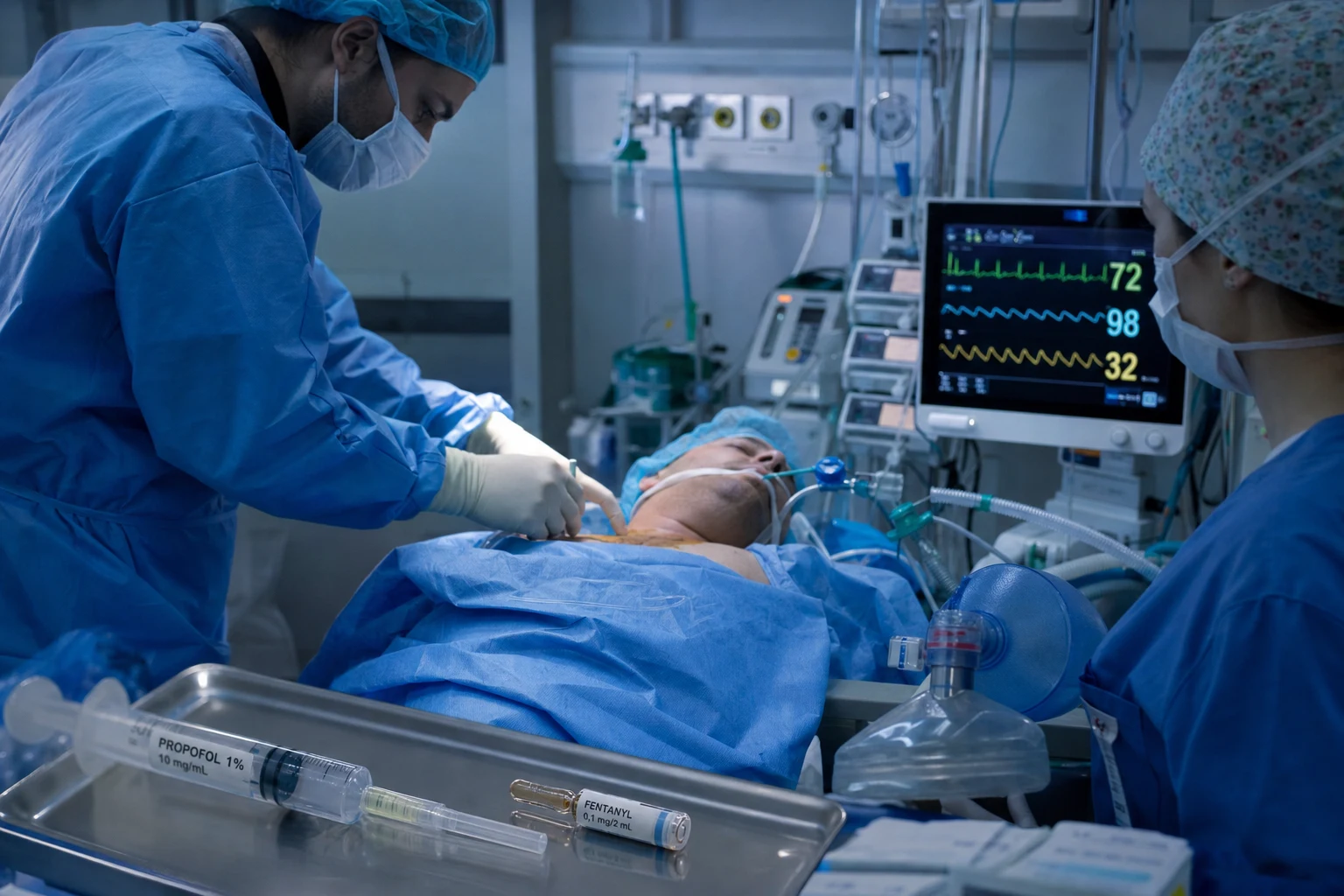 Cinematic ICU scene of a patient undergoing a procedural sedation for a central line insertion, a propofol syringe and a fentanyl ampoule on the trolley, the capnography and the pulse oximetry on the monitor, a dedicated nurse observer, a bag-valve-mask and the rescue equipment ready, clinical-blue lighting