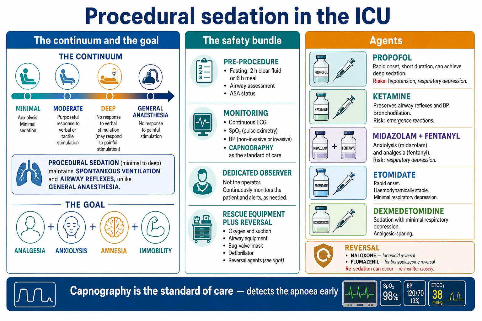 Three-panel infographic on a white clinical-blue background: LEFT the continuum and the goal (minimal, moderate, deep, general anaesthesia; procedural sedation maintains spontaneous ventilation and airway reflexes vs GA; goal analgesia plus anxiolysis plus amnesia plus immobility); CENTRE the safety bundle (pre-procedure fasting 2 h clear or 6 h meal, airway assessment, ASA status; monitoring continuous ECG, SpO2, BP, CAPNOGRAPHY the standard; dedicated observer not the operator; rescue equipment plus reversal); RIGHT agents (propofol rapid and deep hypotension and resp depression; ketamine preserved airway and BP bronchodilation emergence; midazolam plus fentanyl; etomidate haemodynamically stable; dexmedetomidine no resp depression; reversal naloxone and flumazenil, re-sedation risk). Banner 'Capnography is the standard of care — detects the apnoea early'. Flat vector illustration, crisp typography.