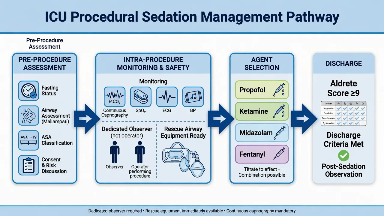 Educational pathway for ICU procedural sedation: pre-assessment, continuous capnography monitoring, dedicated observer, agent selection, rescue equipment, and Aldrete discharge criteria