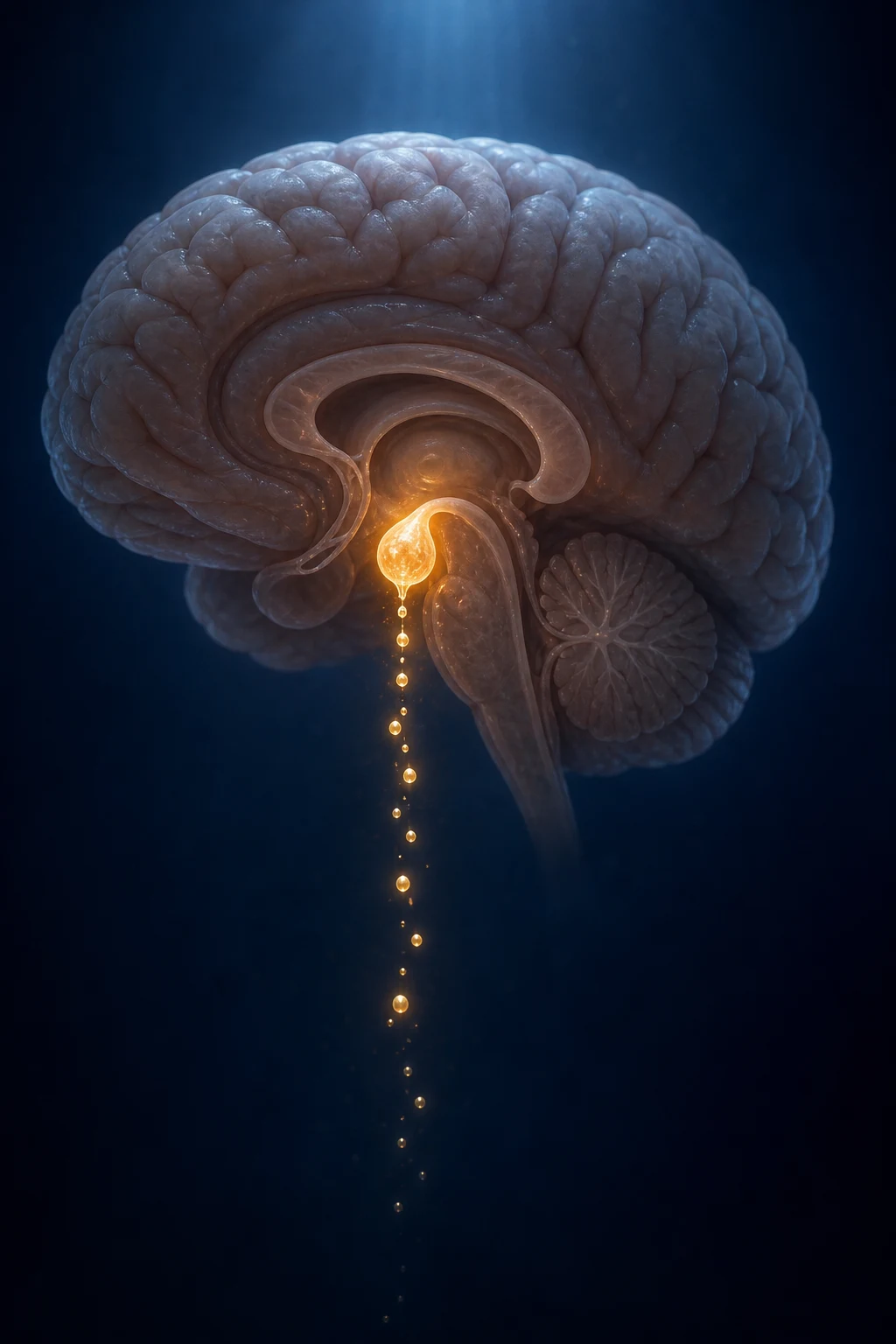 Cinematic 3D anatomical illustration of a pituitary macroadenoma in the sella turcica compressing the optic chiasm, against a deep navy background