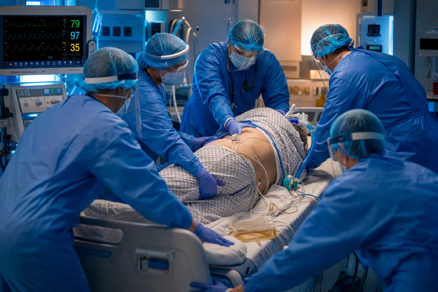 Cinematic ICU scene of a coordinated proning team of five trained staff turning an intubated patient from supine to prone on a specialised ICU bed, the team leader protecting the endotracheal tube, lines and a urinary catheter carefully supported, a cardiac monitor showing, clinical-blue lighting
