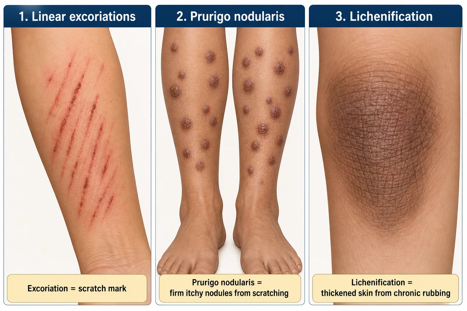 Three panels: linear excoriations on an arm, prurigo nodularis on the lower legs (firm hyperkeratotic nodules), and lichenification (thickened hyperpigmented skin with exaggerated markings)