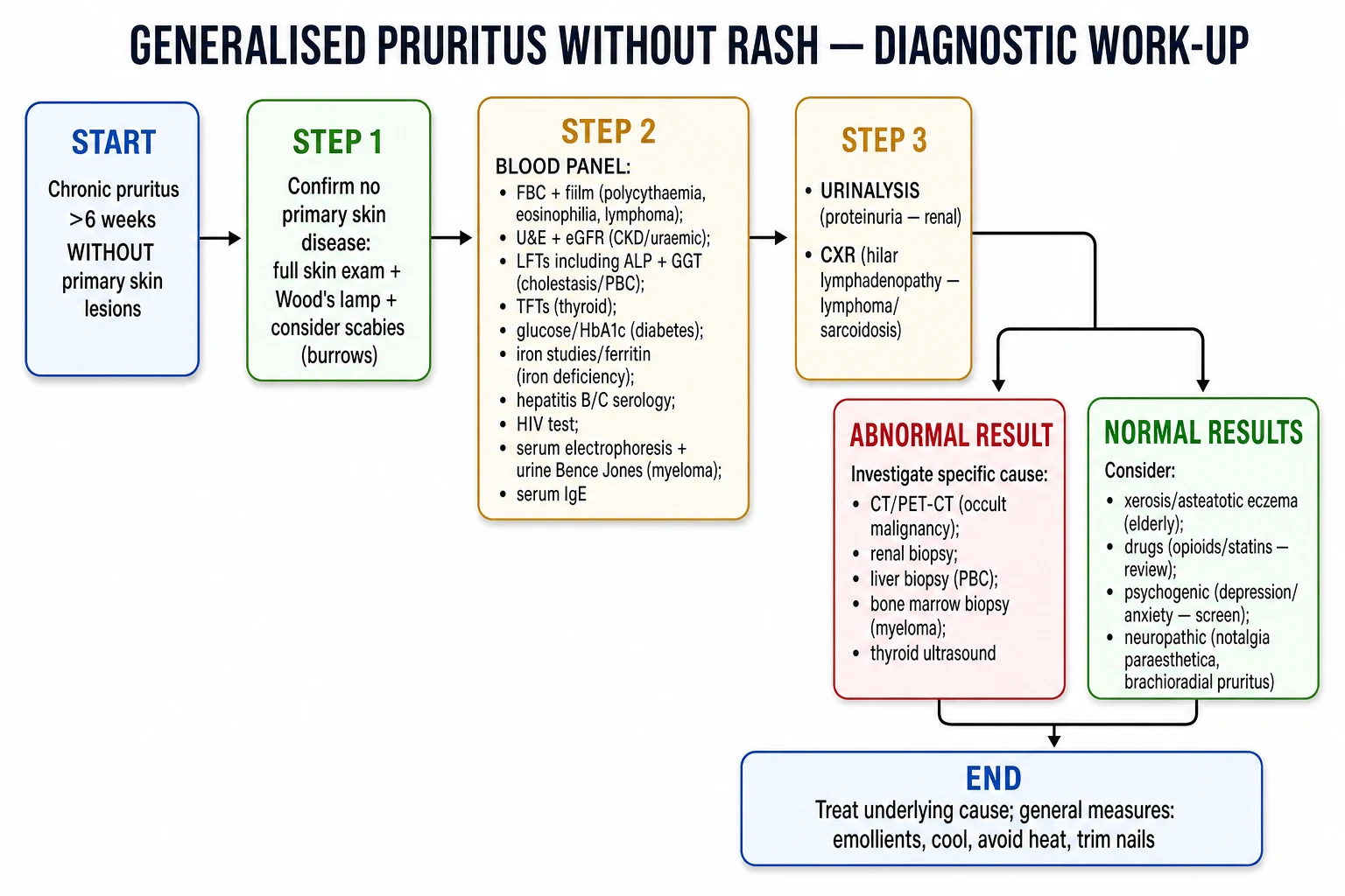 Diagnostic flowchart: confirm no primary skin disease → blood panel (FBC, U&E, LFTs/ALP/GGT, TFTs, glucose, ferritin, hepatitis B/C, HIV, IgE, electrophoresis) → urinalysis → CXR → escalate to CT/PET if needed