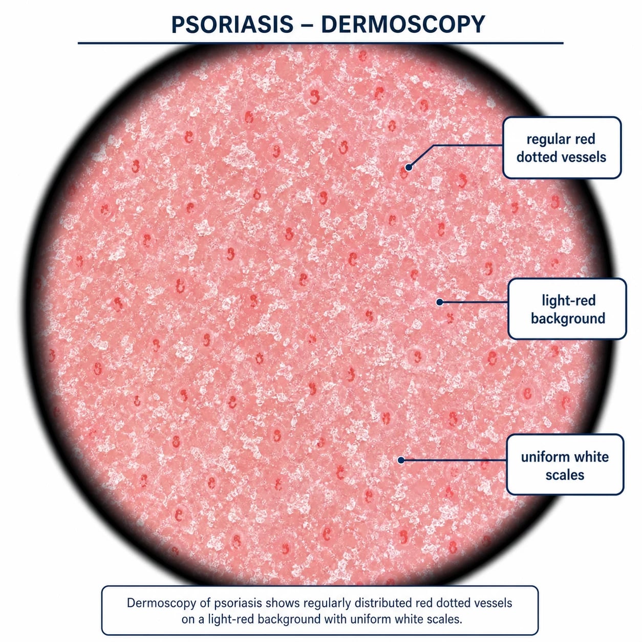 Dermoscopy image of psoriasis showing regularly distributed red dotted vessels on a light-red background with uniform white scales
