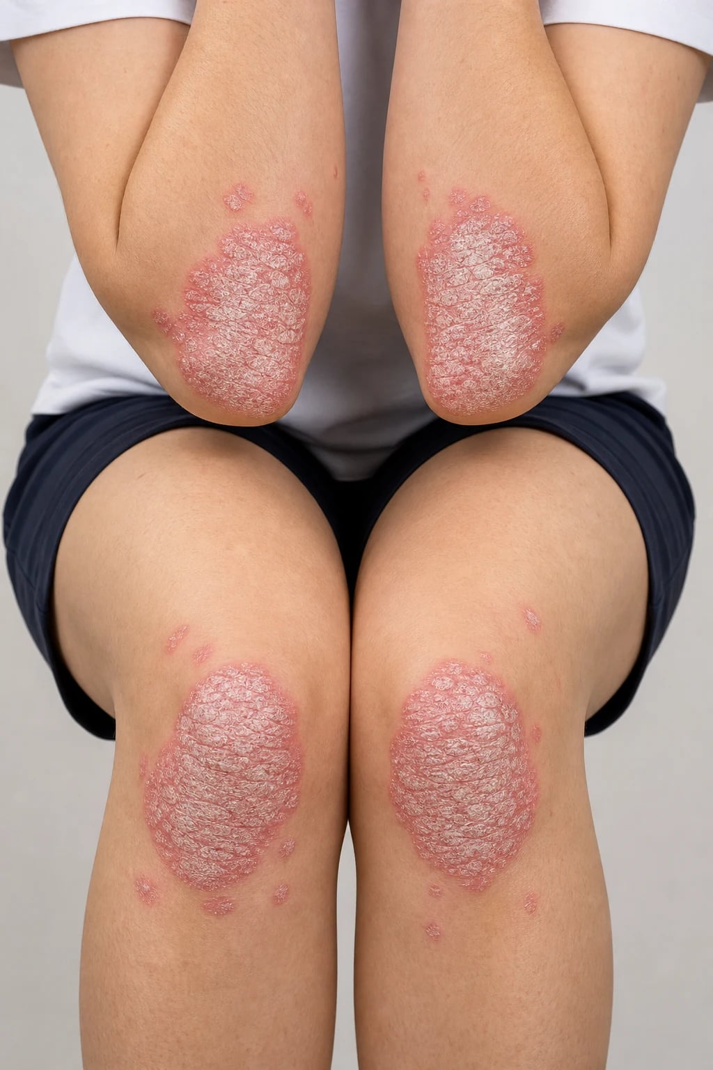 Symmetrical well-demarcated erythematous plaques with silvery scale on the extensor surfaces of the elbows and knees