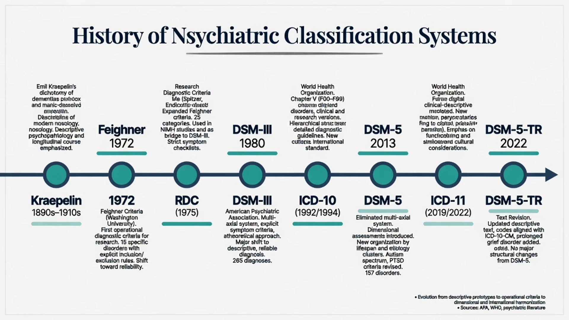 Timeline of psychiatric classification from Kraepelin through Feighner criteria, RDC, DSM-III, ICD-10, DSM-5, ICD-11, and DSM-5-TR