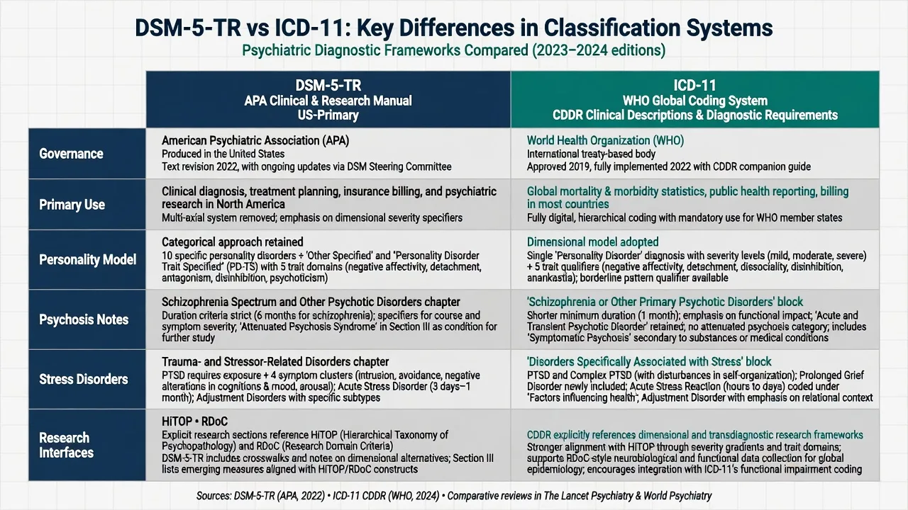 Side-by-side comparison of DSM-5-TR APA system and ICD-11 WHO system across governance use personality psychosis and stress disorders