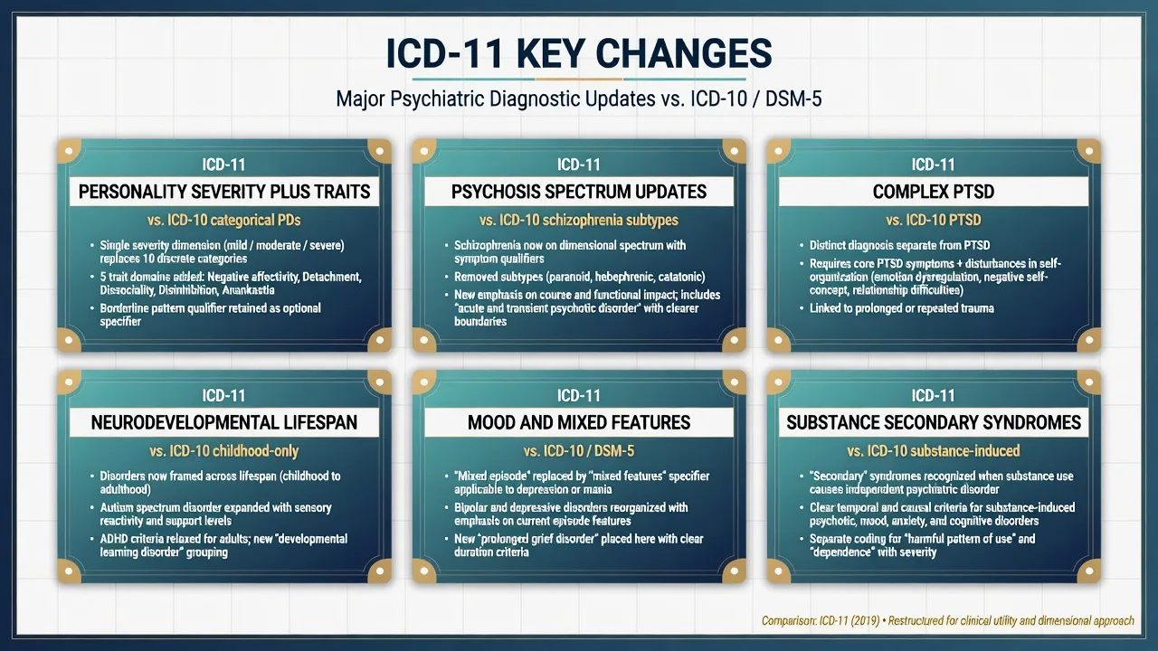 Six cards highlighting ICD-11 changes in personality psychosis complex PTSD neurodevelopment mood and secondary syndromes
