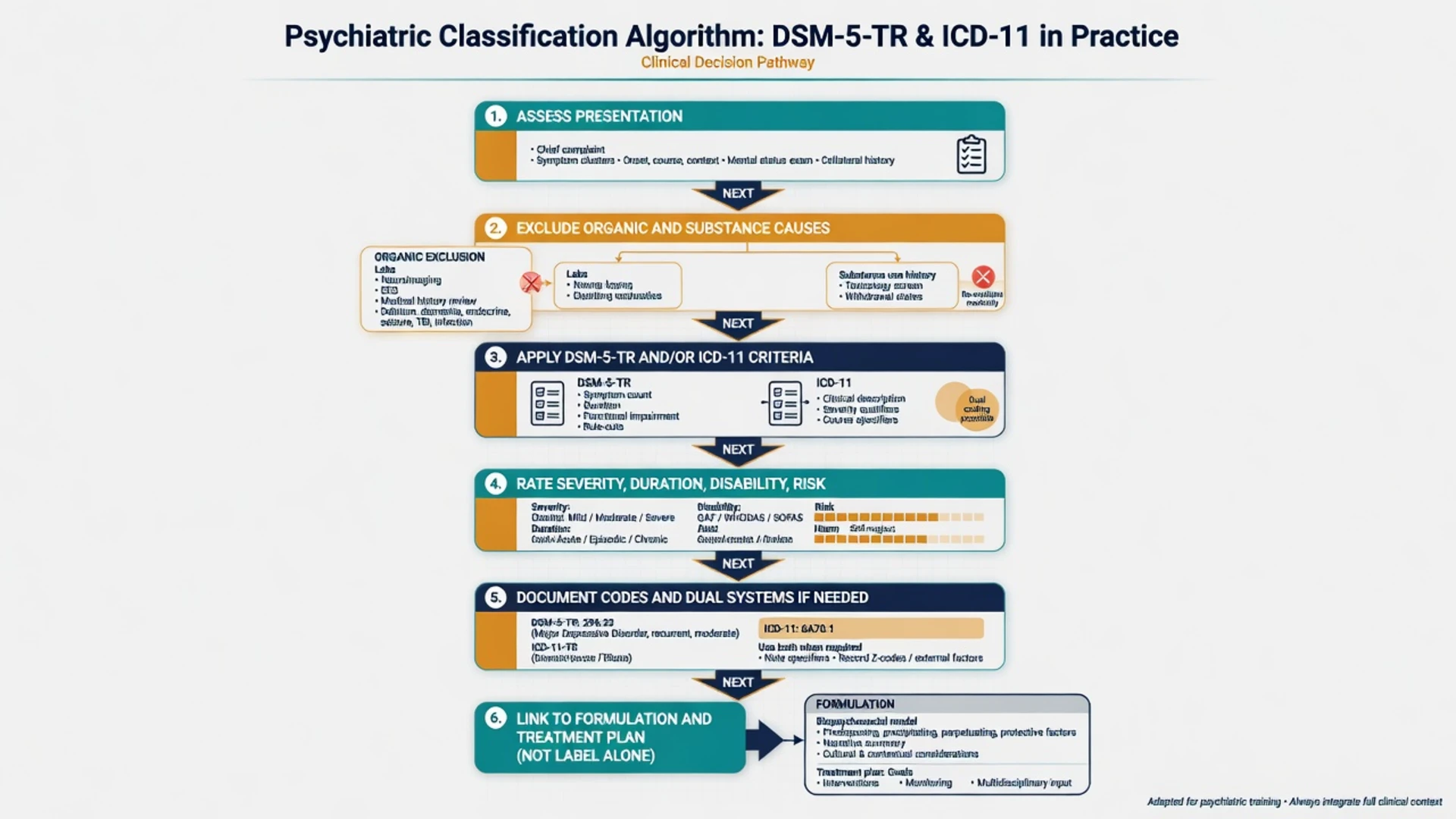 Flowchart from clinical assessment through organic exclusion criteria application coding and formulation-linked treatment