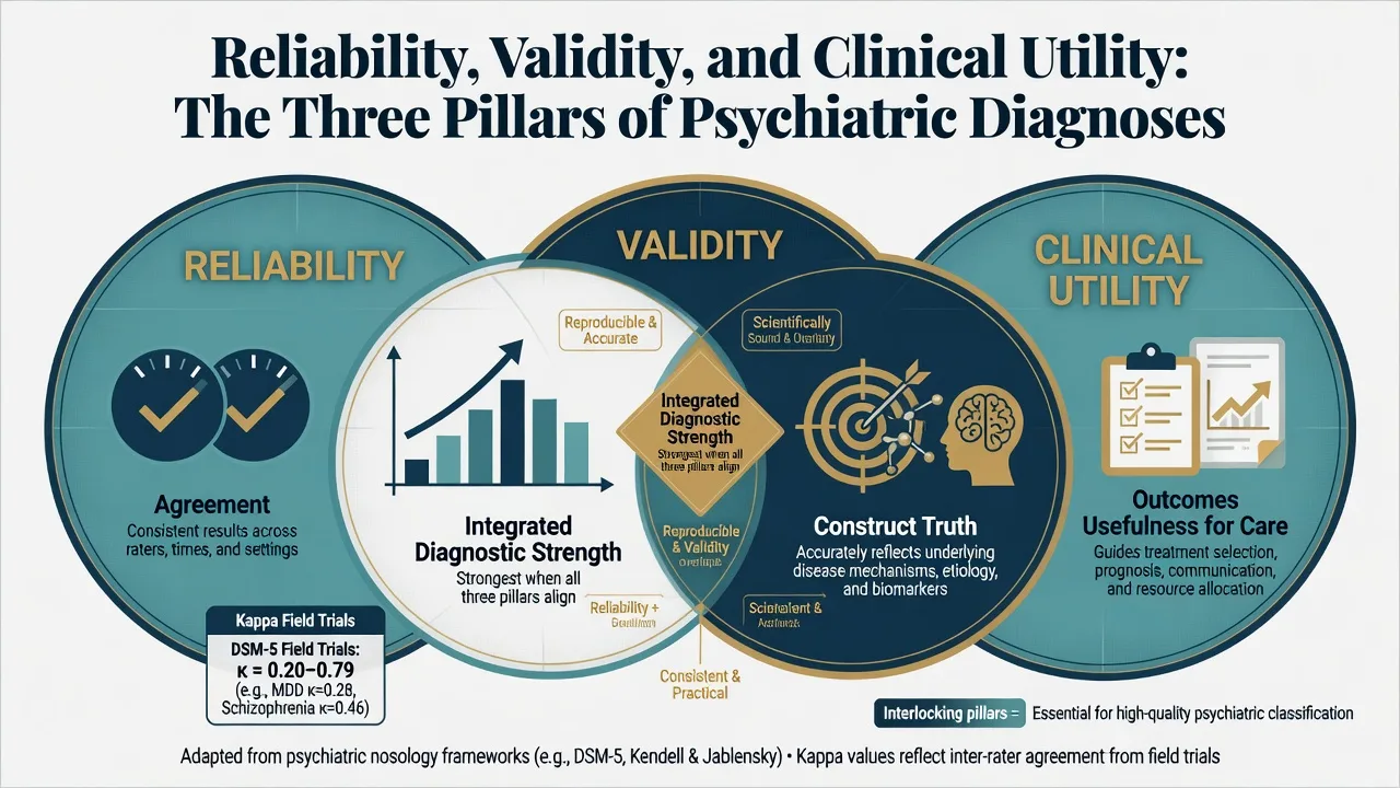 Three pillars diagram for reliability validity and clinical utility of psychiatric diagnoses