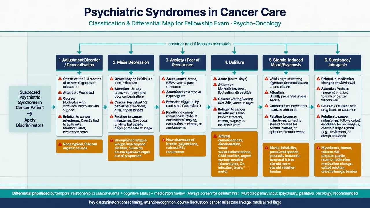 Classification map of psychiatric syndromes in cancer care including adjustment depression anxiety delirium steroid effects and demoralisation