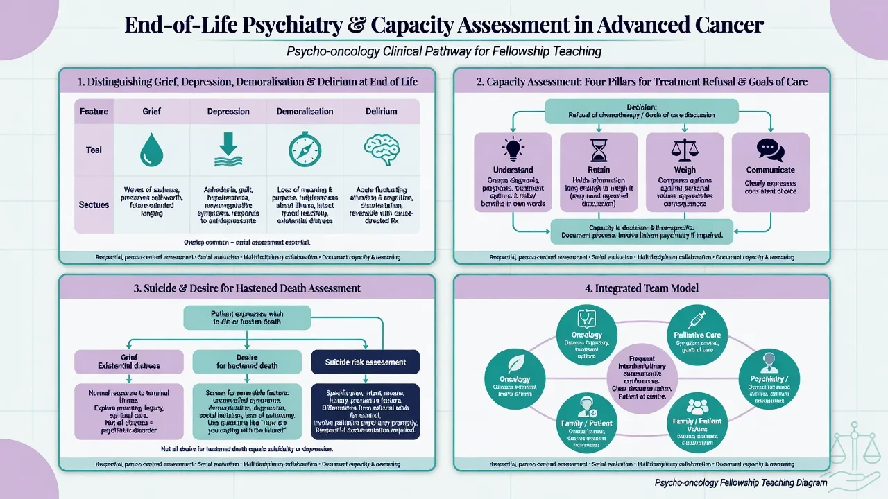 End-of-life psychiatry panels distinguishing grief depression demoralisation delirium with capacity pillars and team model