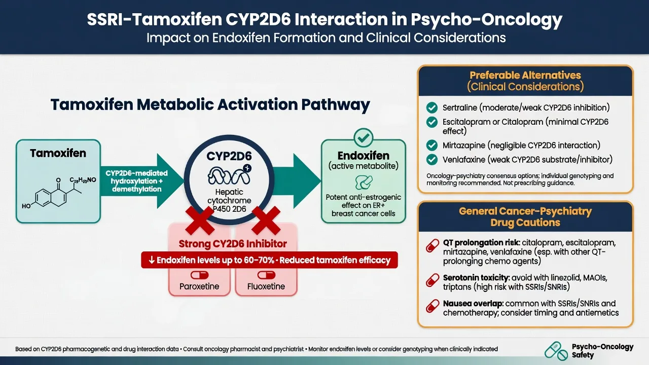 Tamoxifen CYP2D6 endoxifen pathway blocked by strong SSRI inhibitors paroxetine and fluoxetine with alternative antidepressant options