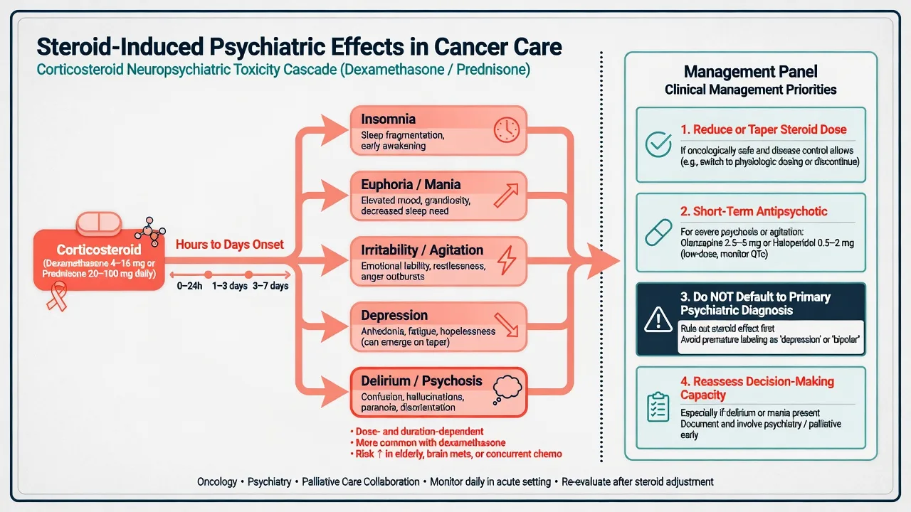 Corticosteroid neuropsychiatric toxicity cascade with insomnia mania irritability depression delirium and management priorities