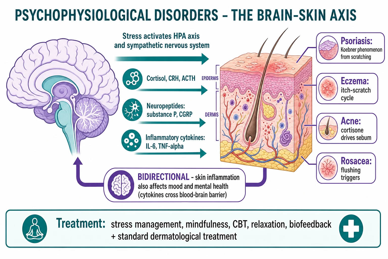 Brain-skin axis diagram: stress activates HPA axis and sympathetic nervous system; CRH, ACTH, cortisol, substance P, CGRP, mast-cell degranulation, cytokines
