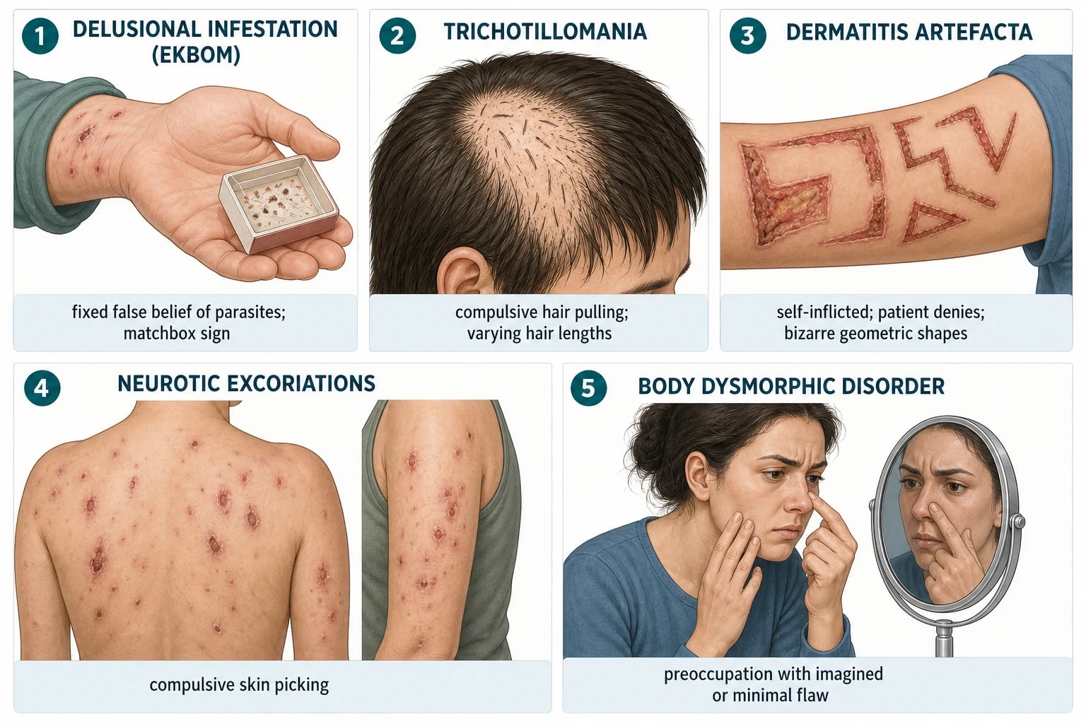Five clinical recognition panels: matchbox sign, trichotillomania varying hair lengths, dermatitis artefacta bizarre geometric lesions, neurotic excoriations, body dysmorphic mirror-checking