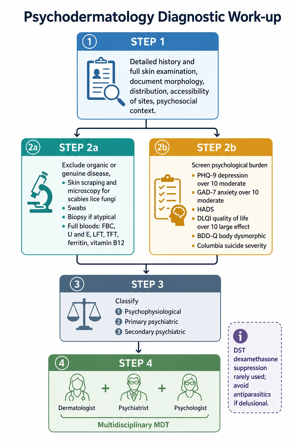 Diagnostic work-up flowchart: history and skin exam, exclude organic disease (scraping, microscopy, biopsy, bloods), screen psychological burden (PHQ-9, GAD-7, HADS, DLQI, BDDQ), classify, multidisciplinary MDT