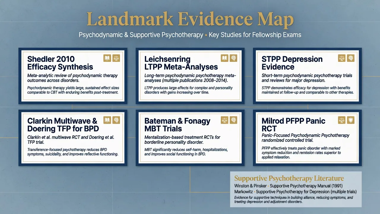 Landmark evidence map cards for Shedler LTPP STPP TFP MBT PFPP and supportive psychotherapy literature