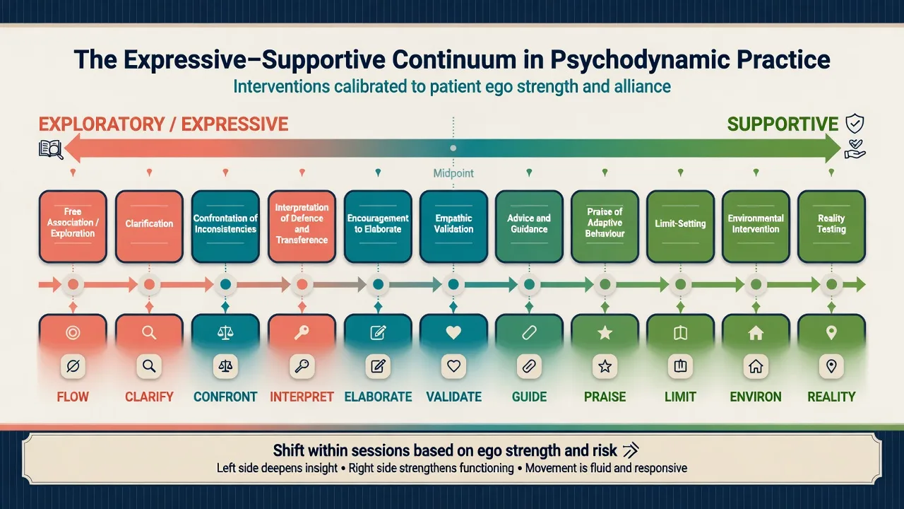 Labeled continuum of psychotherapy interventions from expressive interpretation to supportive environmental intervention