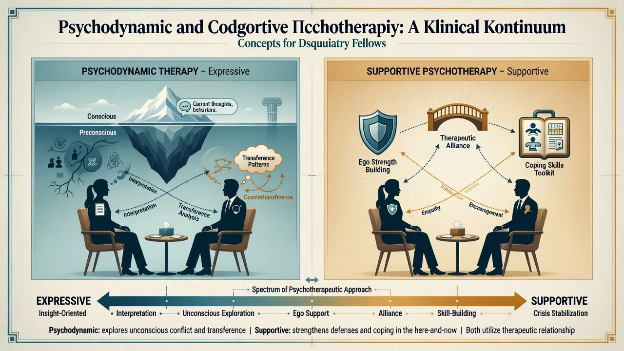 Educational split diagram of psychodynamic insight-oriented work versus supportive ego-strengthening therapy on a continuum