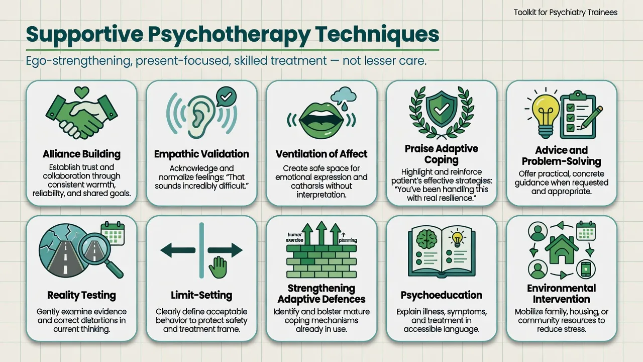 Toolkit infographic of supportive psychotherapy techniques including alliance, validation, praise, advice, reality testing, and limit-setting