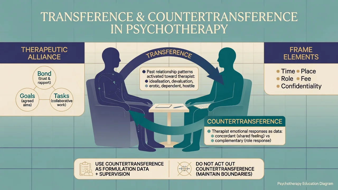 Diagram of therapist-patient dyad with labeled transference and countertransference arrows and alliance components